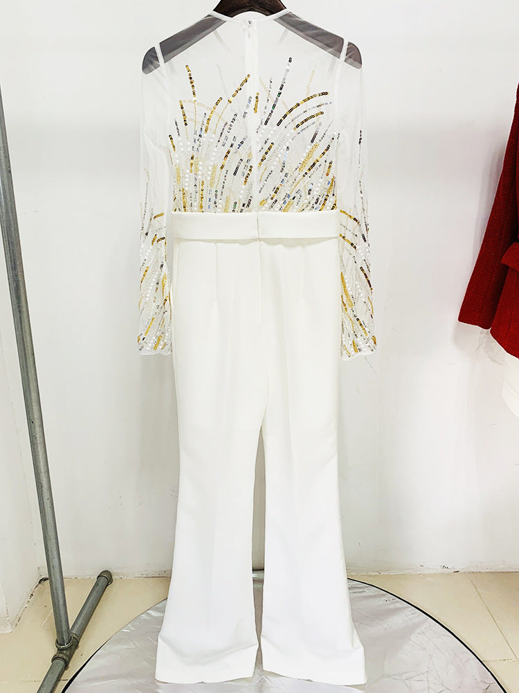 White Embellished Illusion Jumpsuit | Beaded Mesh Bodice with High Waist & Flared Pants – Elegant Evening Look MYLINE