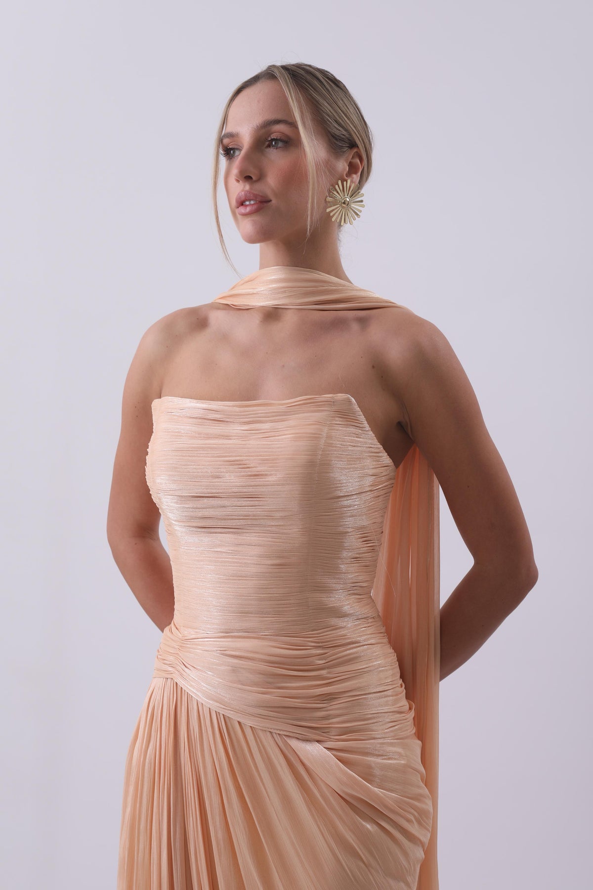 Sienna Pleated Scarf Gown – Peach Blush & Red