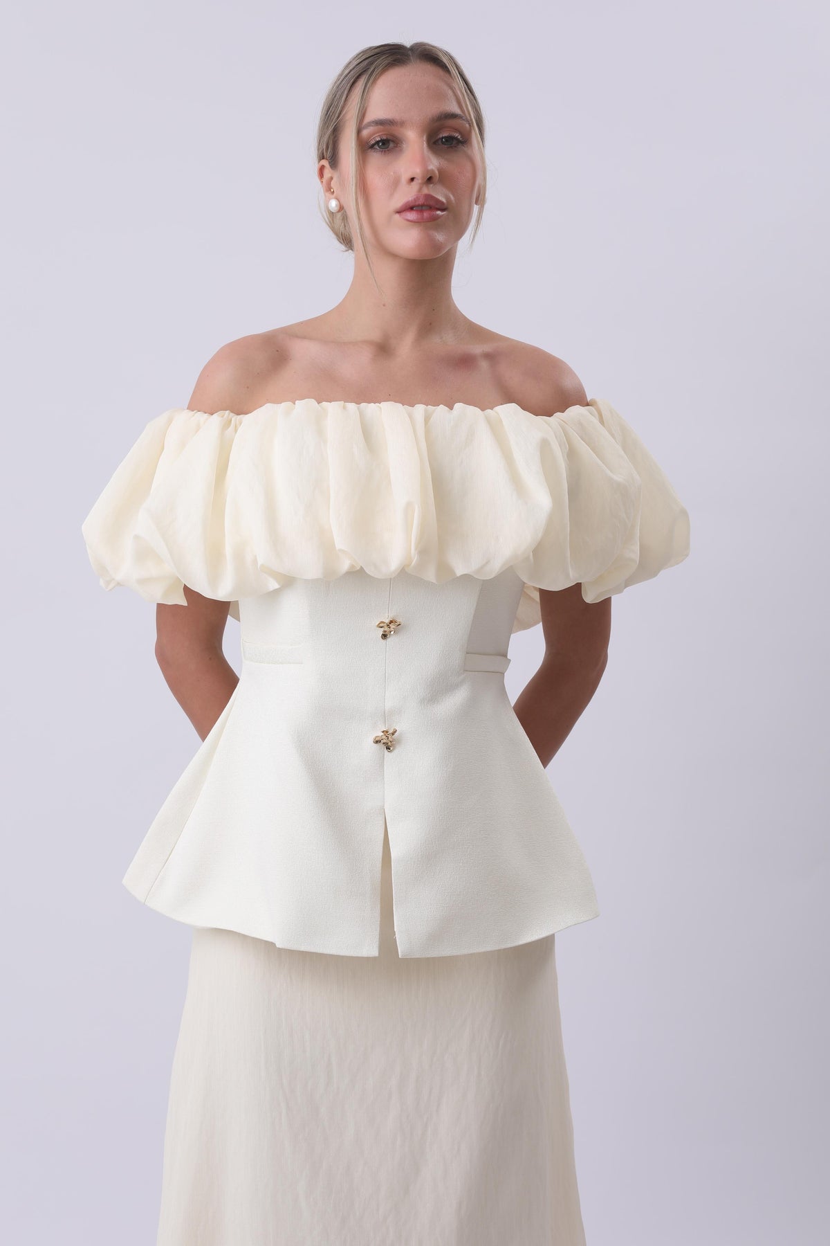 Ivory Bloom Off-Shoulder Structured Midi Dress