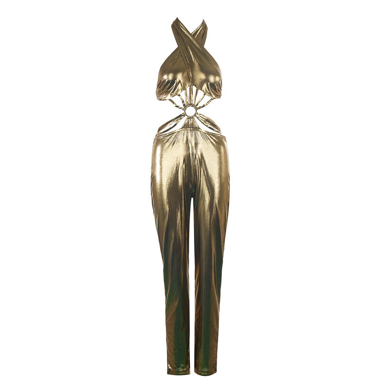 Gold Metallic Cut-Out Jumpsuit | Halter Neck Ring Detail Bodycon Party Catsuit for Club & Events MYLINE