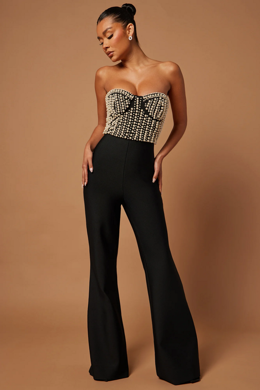 Black Pearl Strapless Jumpsuit | Corset Bust Beaded Bodice & Wide-Leg Fit for Events and Evenings MYLINE