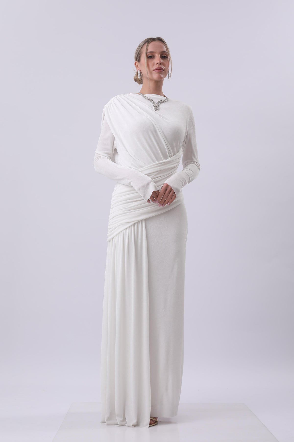 Ivory Draped One-Shoulder Gown with Embellished Neckline
