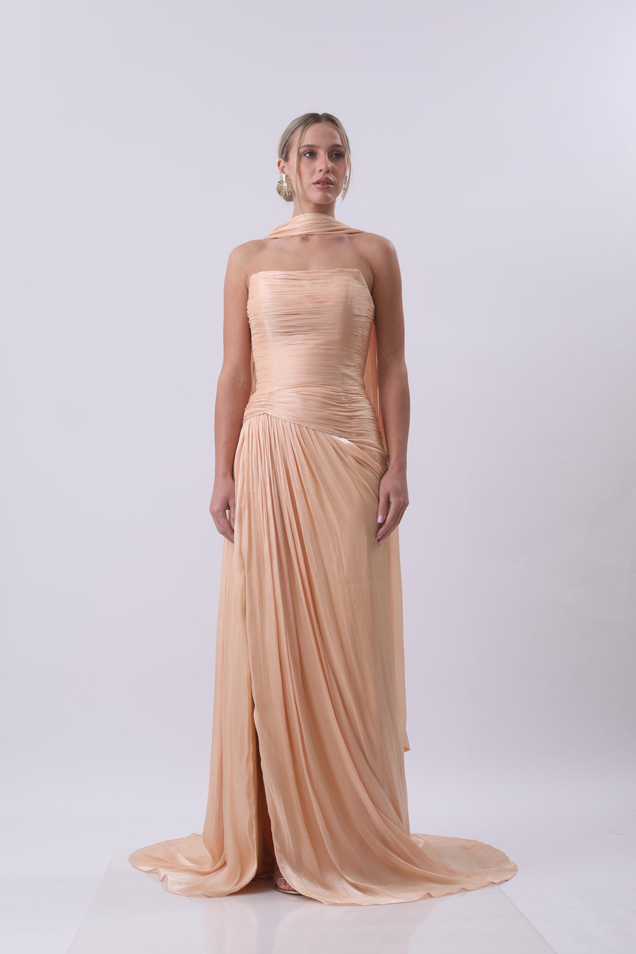 Sienna Pleated Scarf Gown – Peach Blush & Red