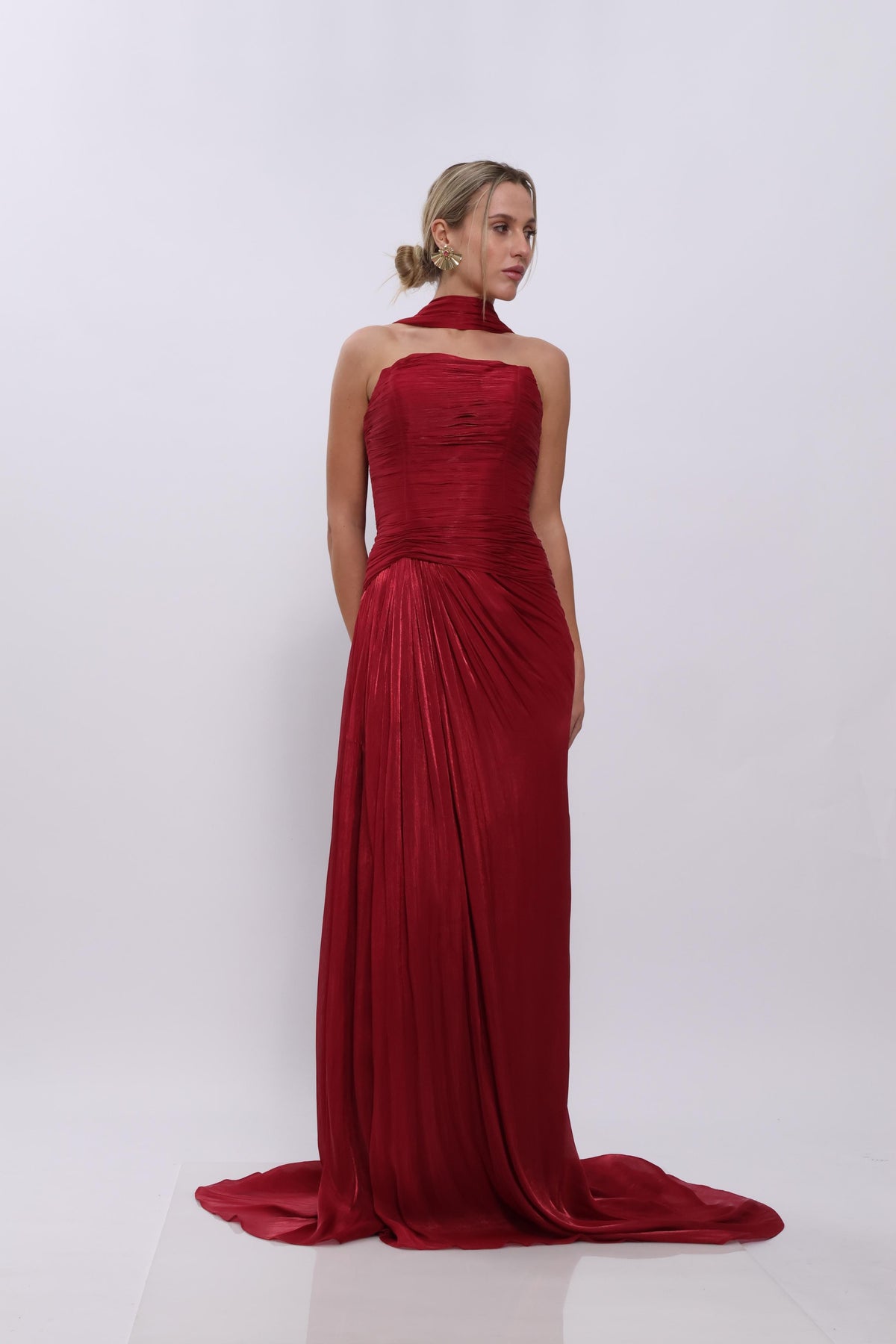 Sienna Pleated Scarf Gown – Peach Blush & Red