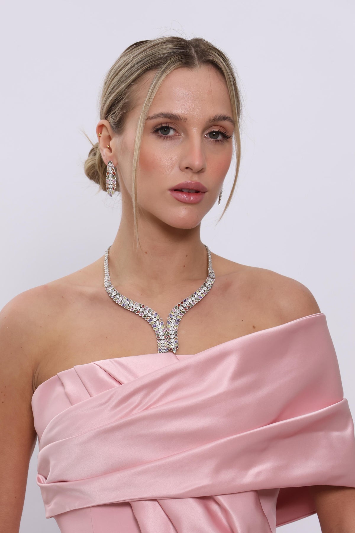 Blush Satin One-Shoulder Draped Gown