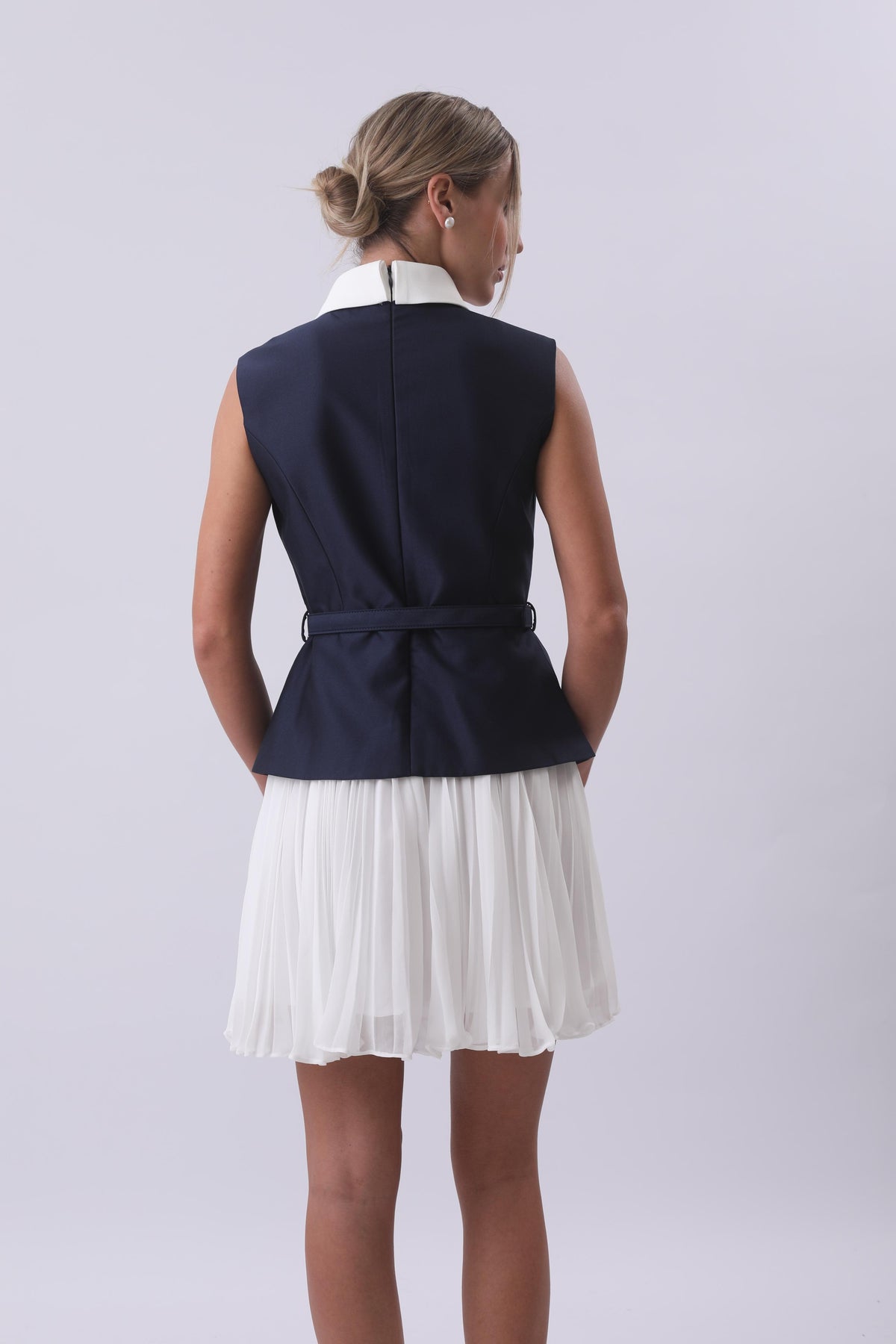 Navy Belted Vest & Pleated Skirt Set