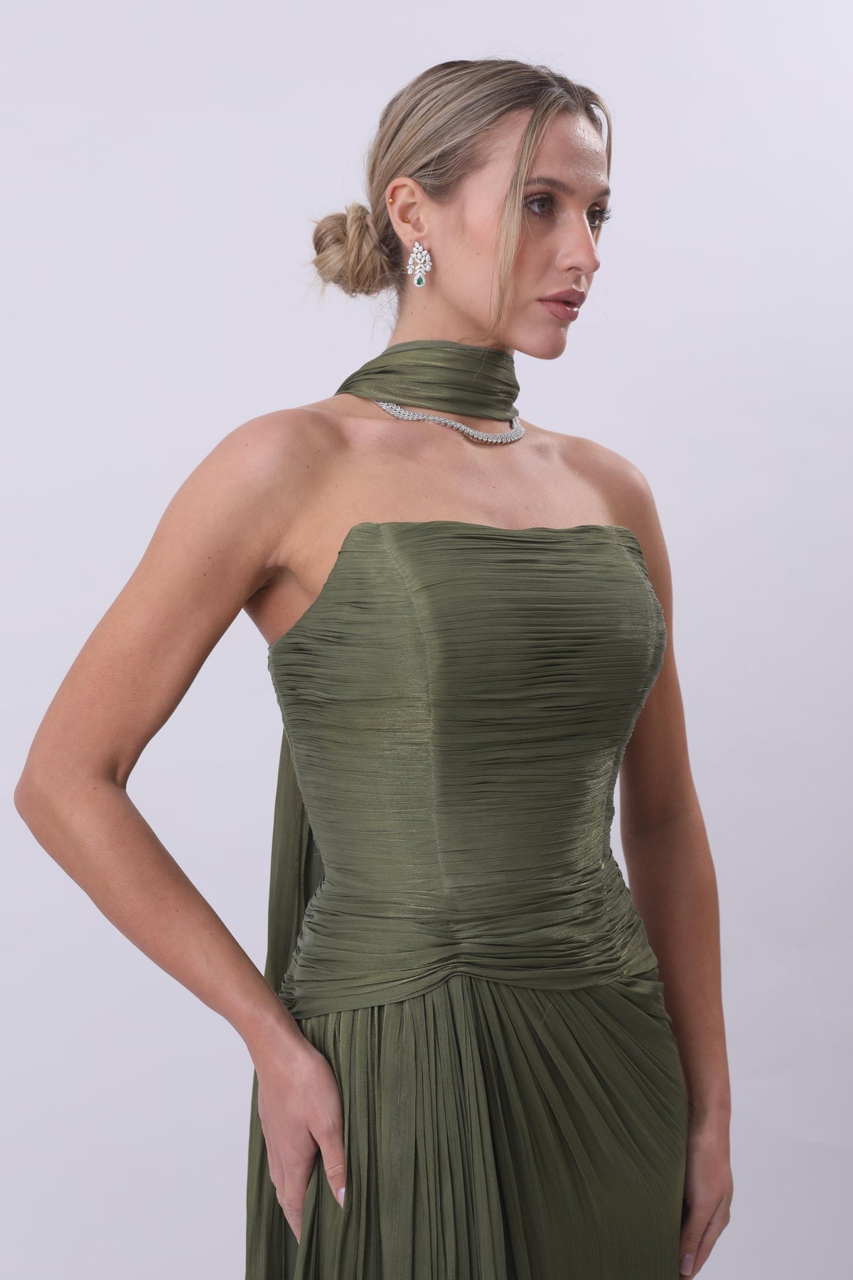 Olive Draped Goddess Gown