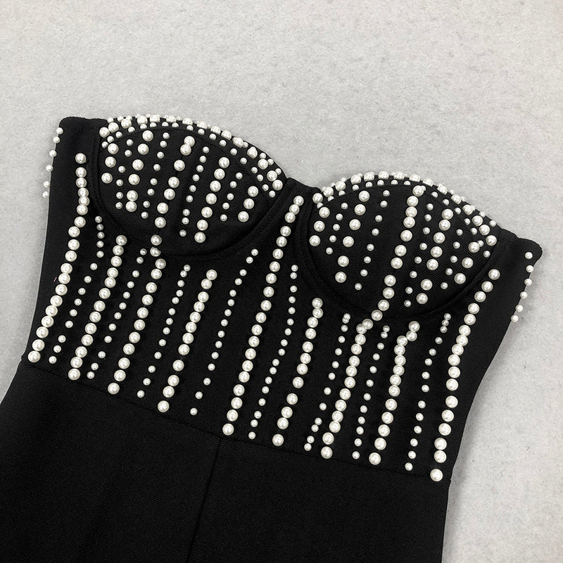 Black Pearl Strapless Jumpsuit | Corset Bust Beaded Bodice & Wide-Leg Fit for Events and Evenings MYLINE
