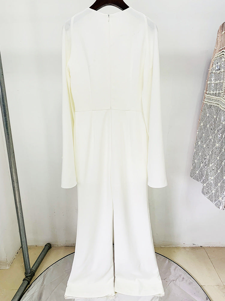 Embellished Ivory Cape Jumpsuit | Elegant White Wide-Leg Jumpsuit with Jewel Appliqué and Long Sleeves MYLINE