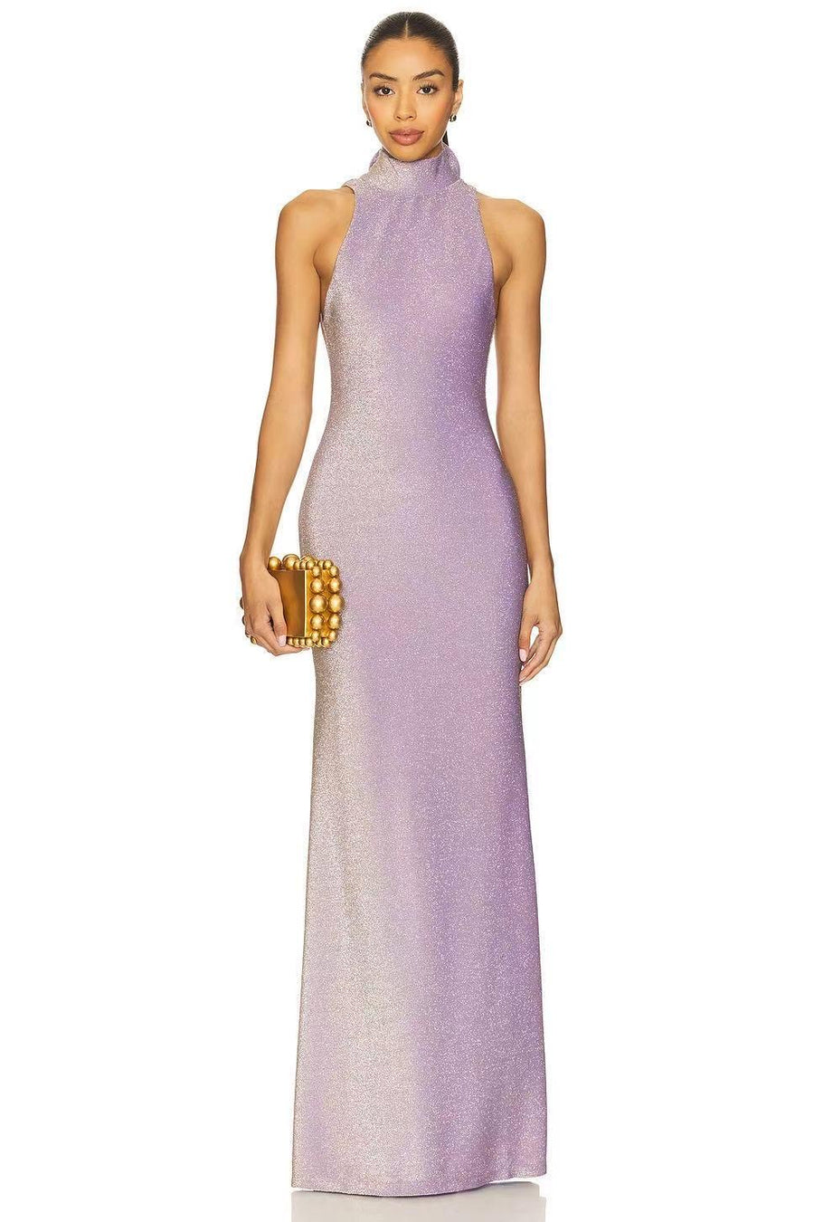 Lilac Shimmer Halter Rosette Open-Back Gown