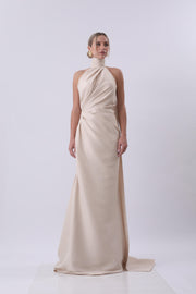 Athena Draped Halter Neck Maxi Dress – Champagne