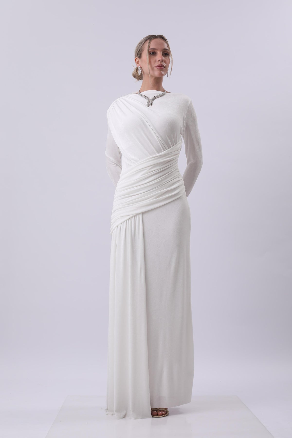 Ivory Draped One-Shoulder Gown with Embellished Neckline