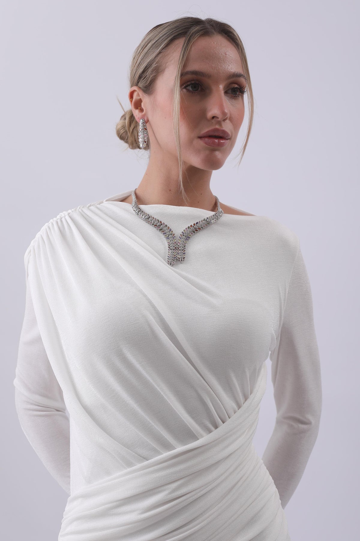 Ivory Draped One-Shoulder Gown with Embellished Neckline