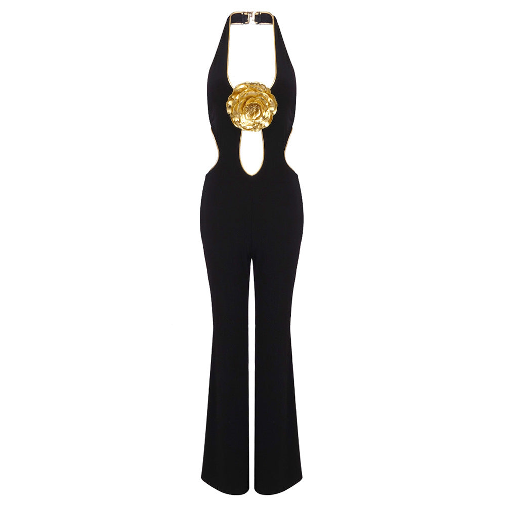 Black Cutout Jumpsuit with Gold Flower | Elegant Halter Wide-Leg Evening Suit MYLINE
