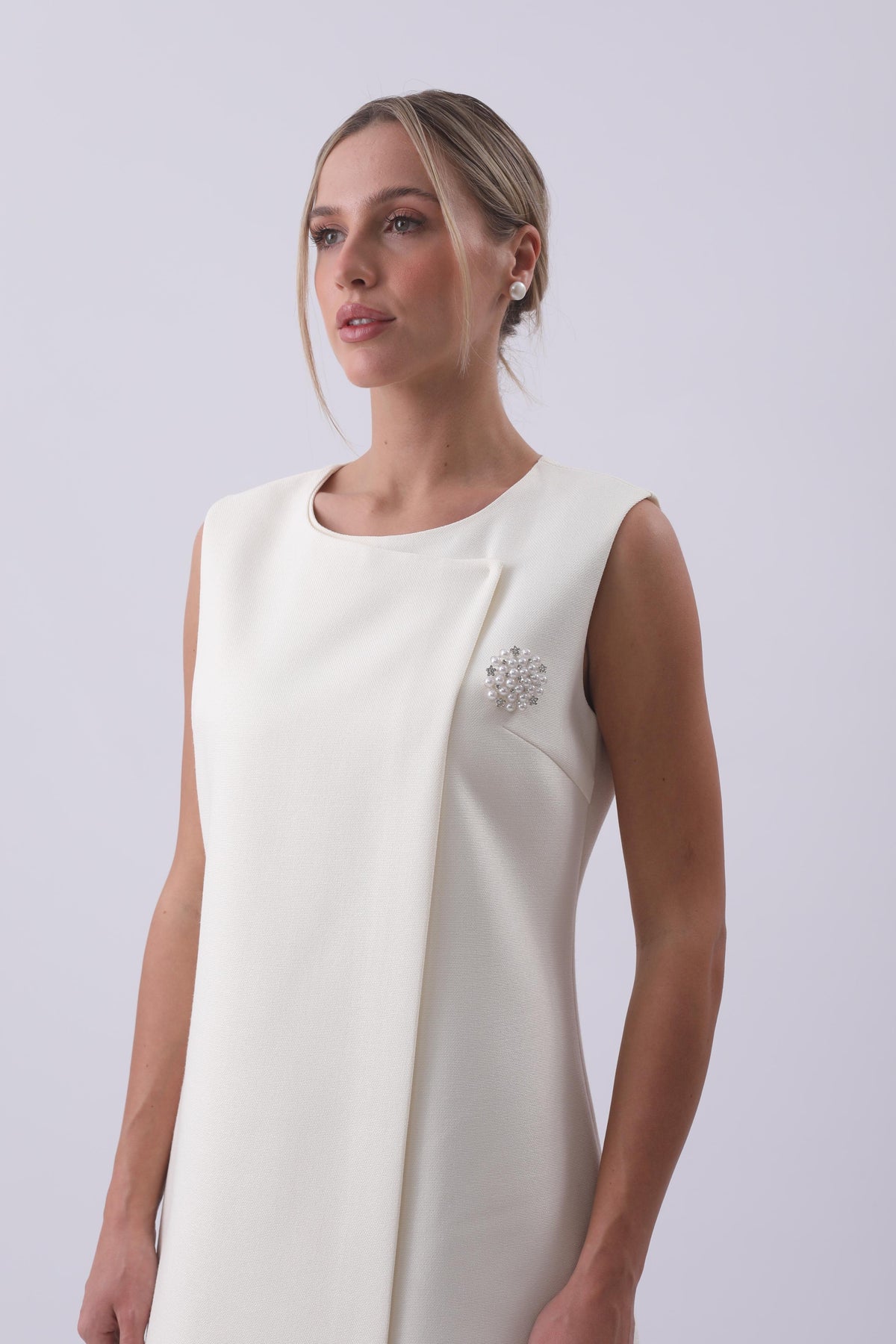 Ivory Pearl-Embellished Draped Mini Dress