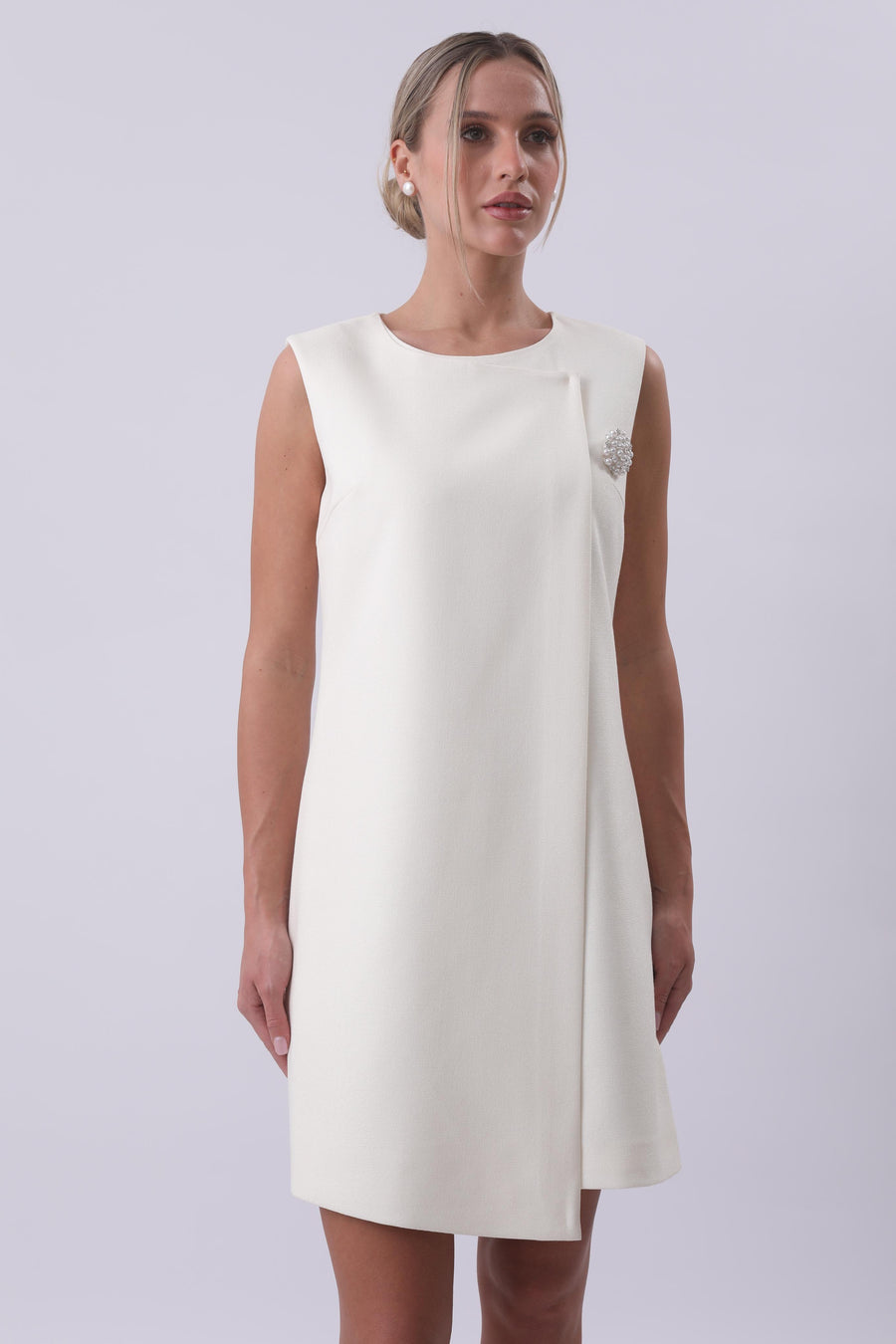 Ivory Pearl-Embellished Draped Mini Dress