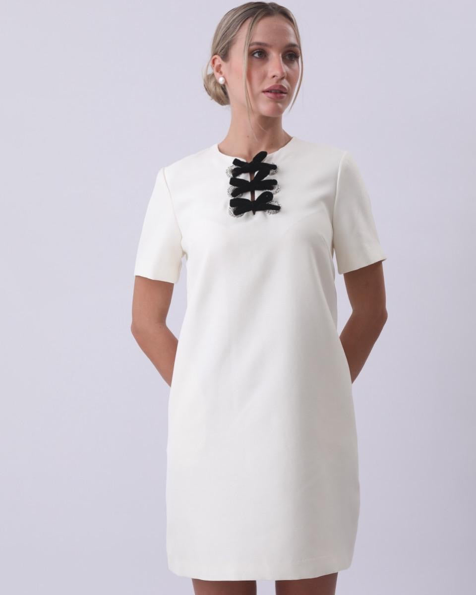 Velour Bow Collar Mini Dress - Ivory