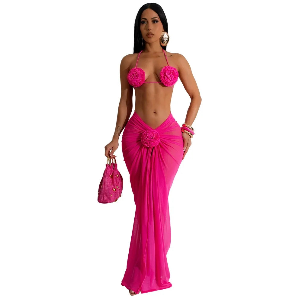 Floral Halter Bikini & Sheer Sarong Set