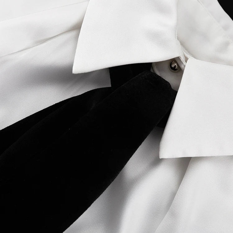 Elegant Off-Shoulder Satin Blouse with Black Tie