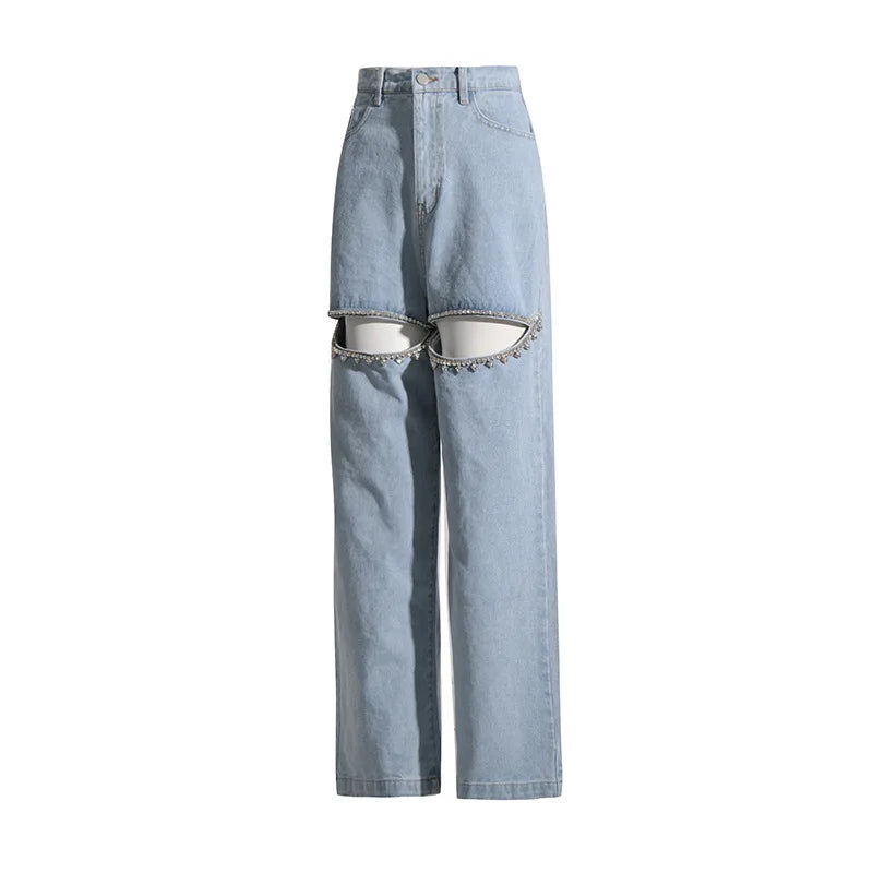 Rhinestone Cut-Out High Waist Wide Leg Denim Jeans