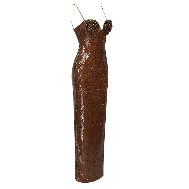 Brown Sequin Flower Camisole Maxi Dress