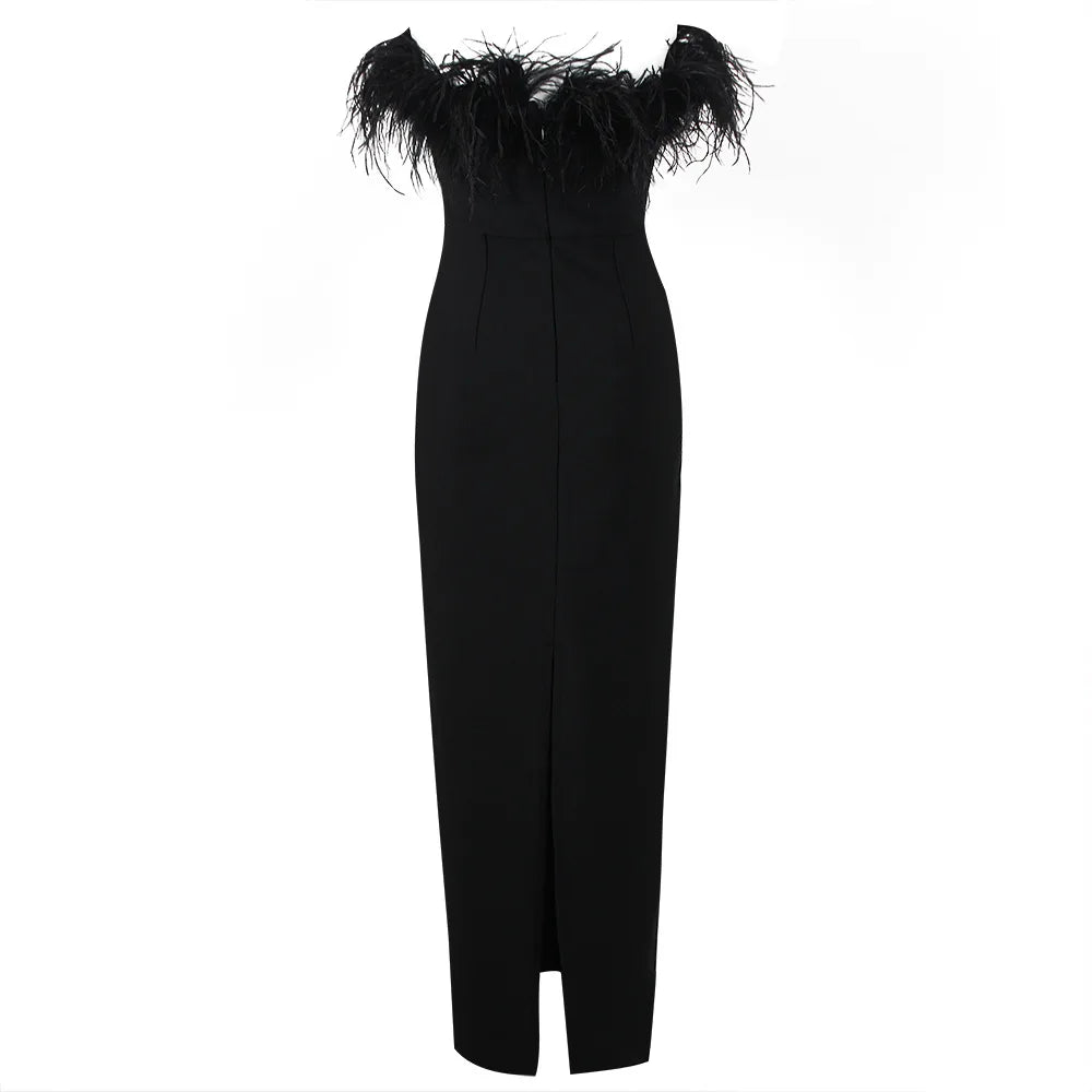 Feather Off-Shoulder Maxi Dress