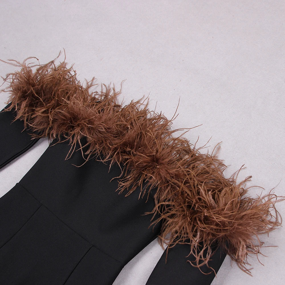 Feather Off-Shoulder Bandage Midi Dress