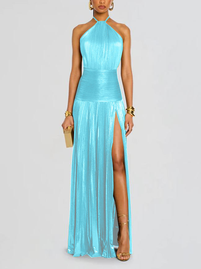 Metallic Halter Maxi Dress with Pleated Skirt