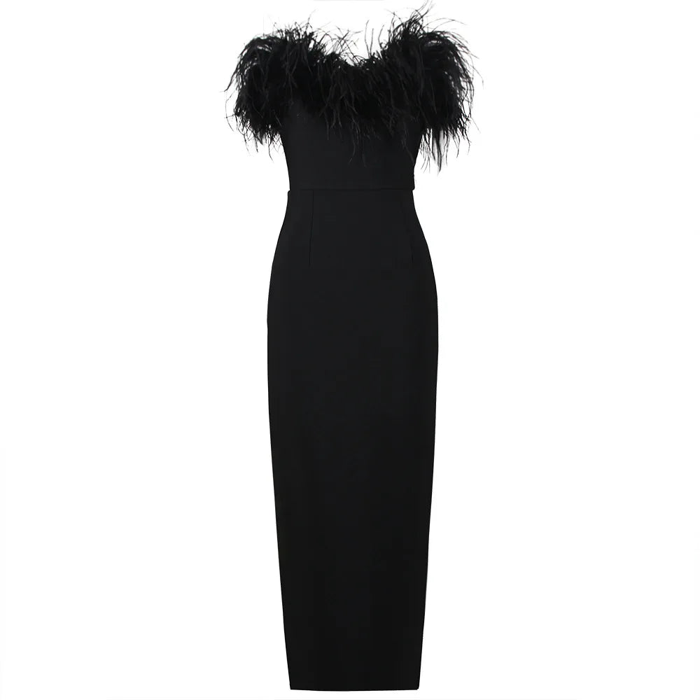 Feather Off-Shoulder Maxi Dress