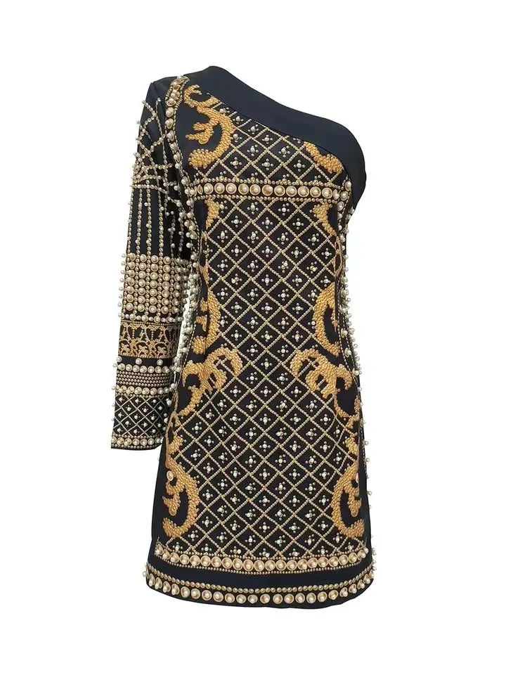 Black & Gold One-Shoulder Pearl Embellished Mini Dress