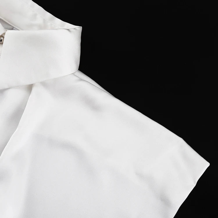 Elegant Off-Shoulder Satin Blouse with Black Tie