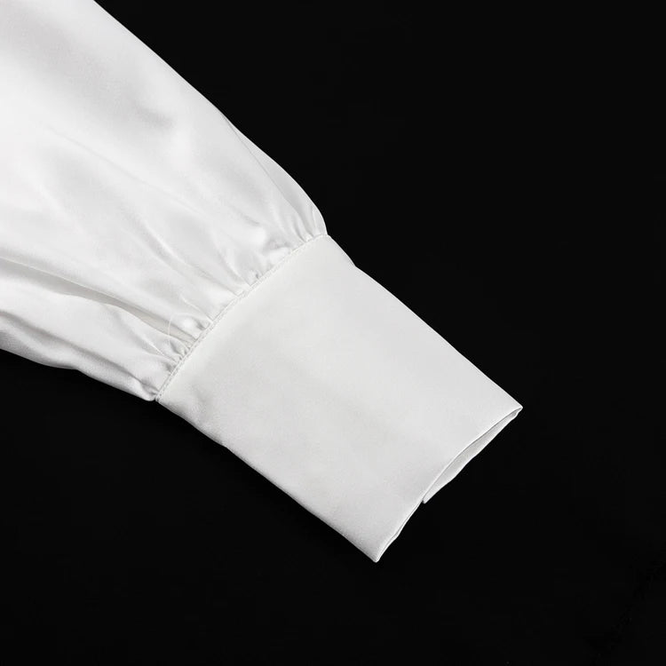 Elegant Off-Shoulder Satin Blouse with Black Tie