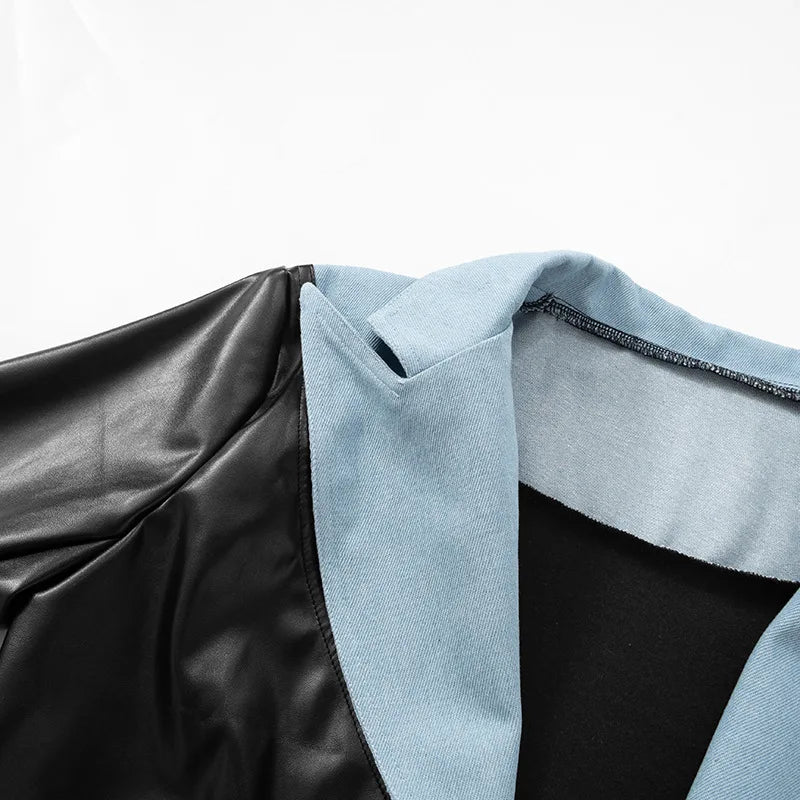 Cropped Faux Leather Jacket with Contrast Lapel