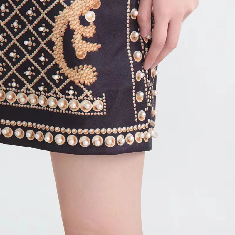 Black & Gold One-Shoulder Pearl Embellished Mini Dress