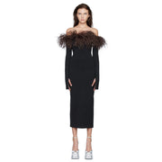 Feather Off-Shoulder Bandage Midi Dress