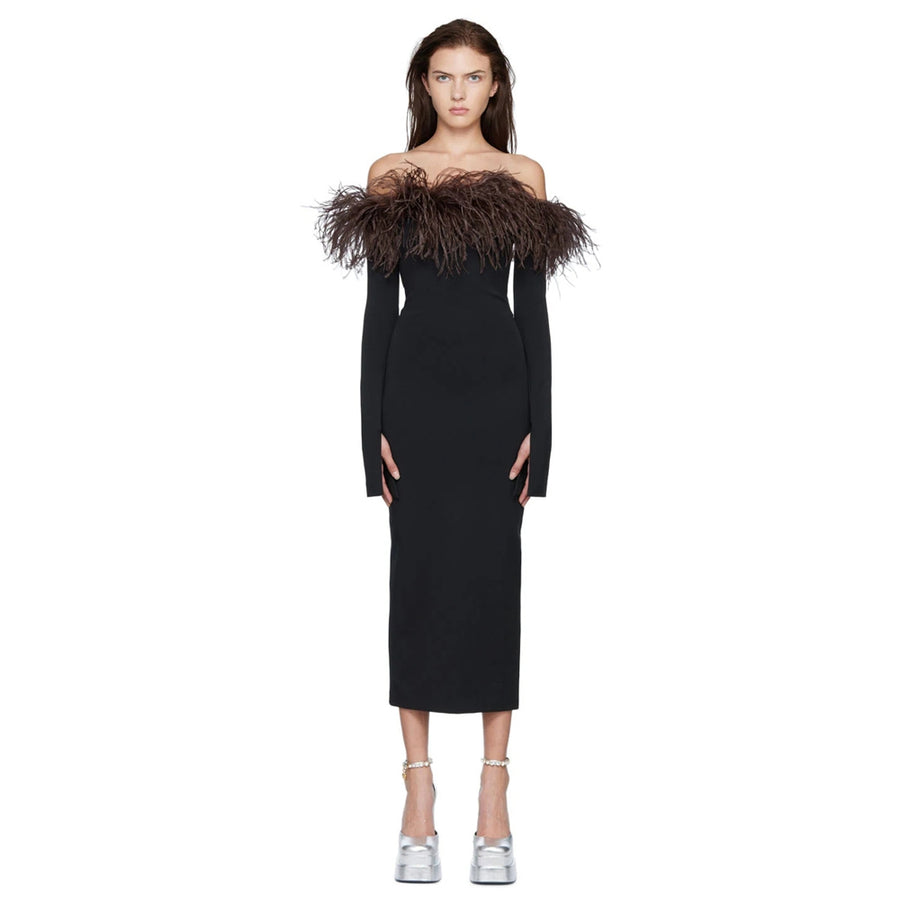 Feather Off-Shoulder Bandage Midi Dress