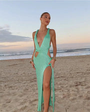 Emerald Knit Backless Halter Maxi Dress