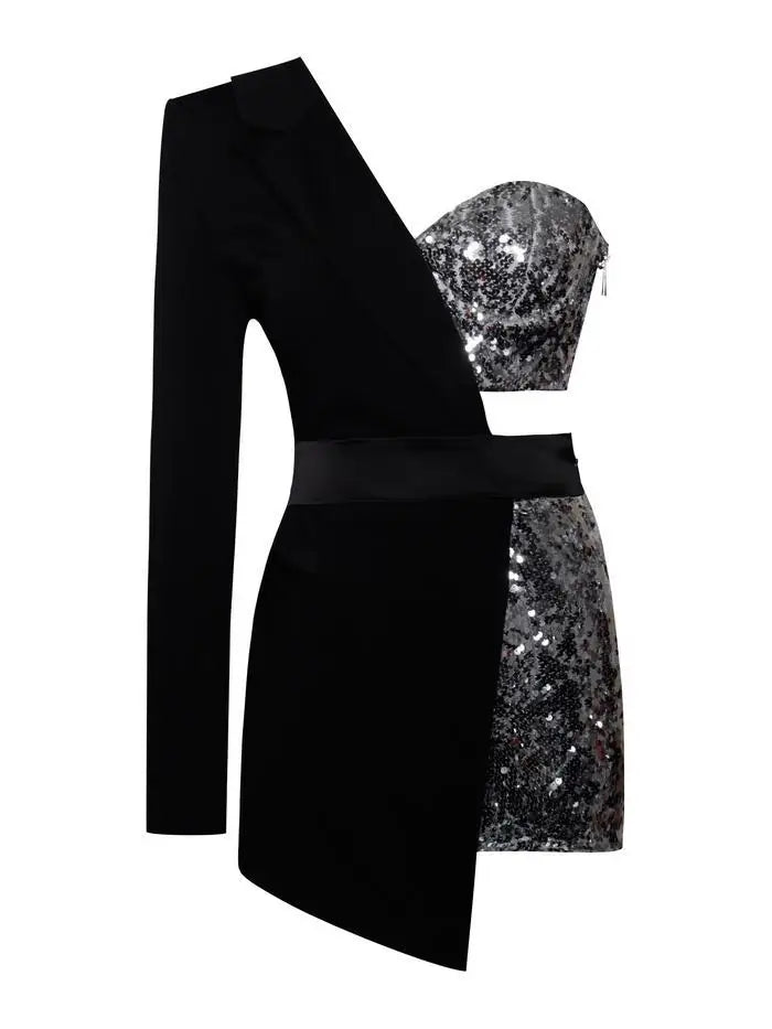 One-Shoulder Blazer Style Sequin Romper