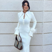Feather Cuff Ribbed Knit Maxi Dress