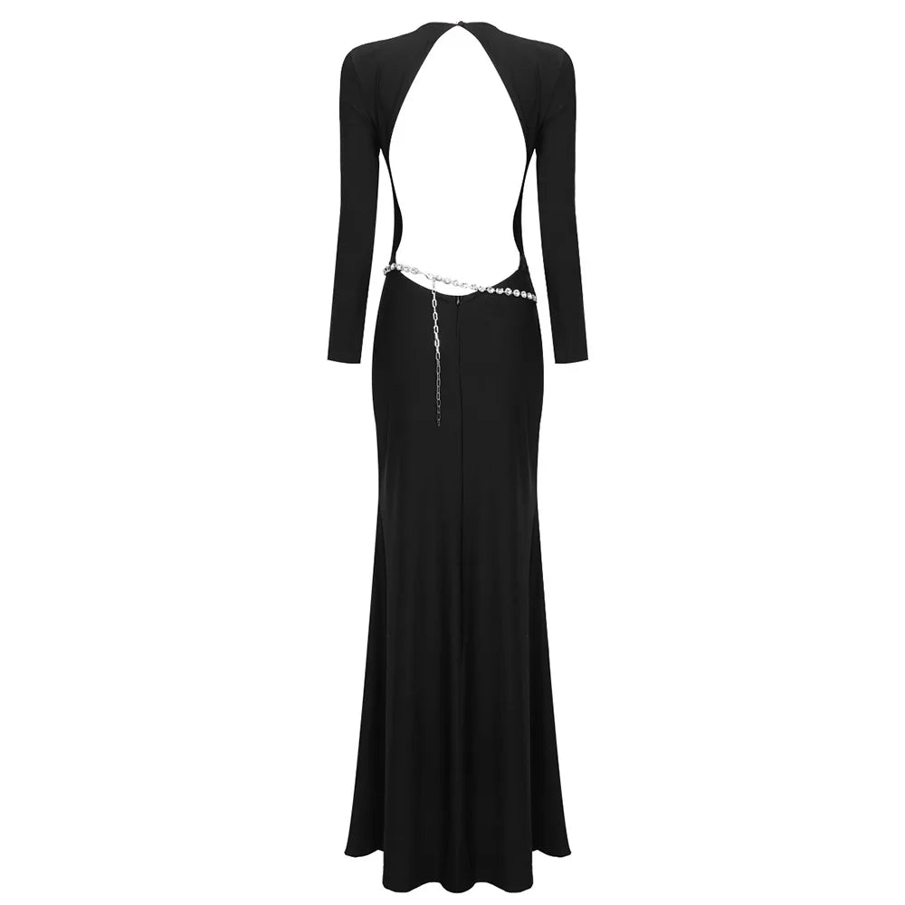 Elegant Long Dress with Diamond Chain Waist MYLINE