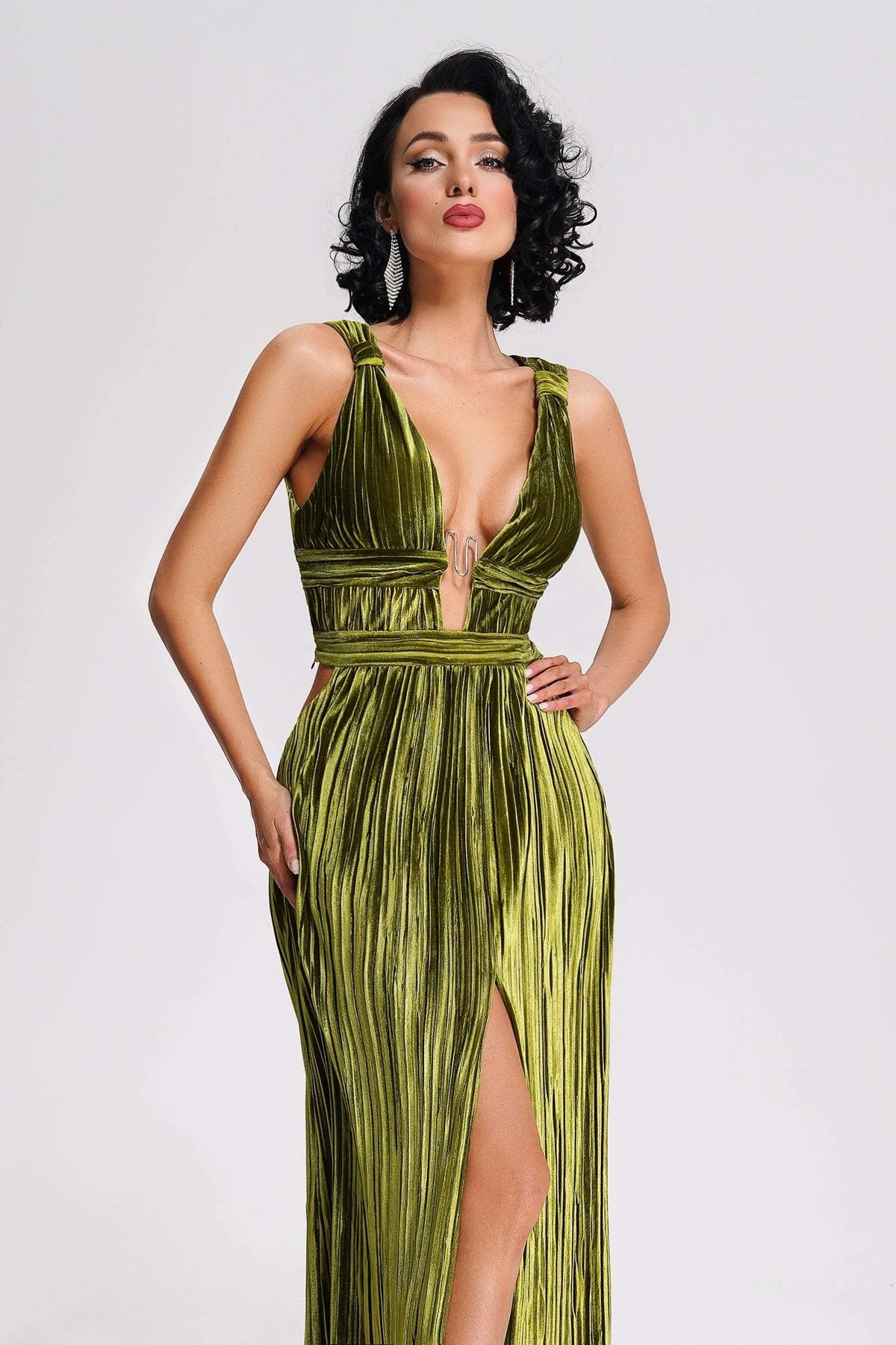 Luxury Olive Velvet Deep V-Neck Pleated Maxi Dress