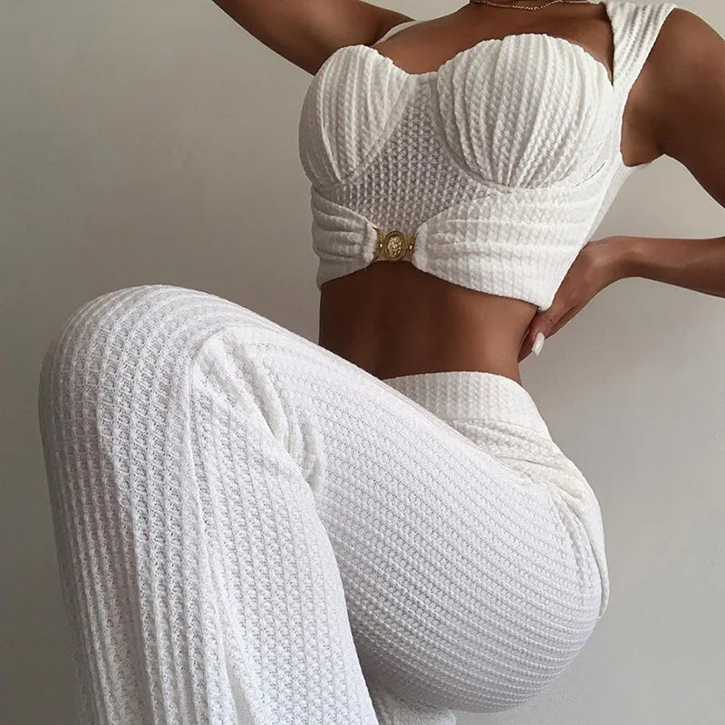 White Textured Two-Piece Set with Sculpted Bust & High-Waist Pants