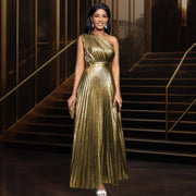 Golden Aura One-Shoulder Pleated Gown