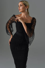 Black Polka Dot Mesh Long Sleeve Midi Dress