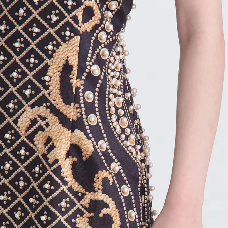 Black & Gold One-Shoulder Pearl Embellished Mini Dress