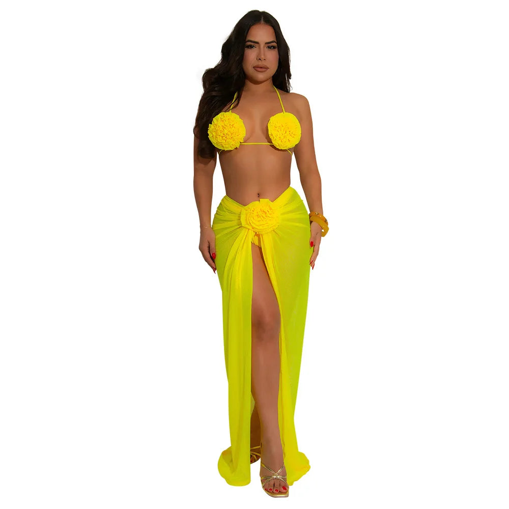 Floral Halter Bikini & Sheer Sarong Set