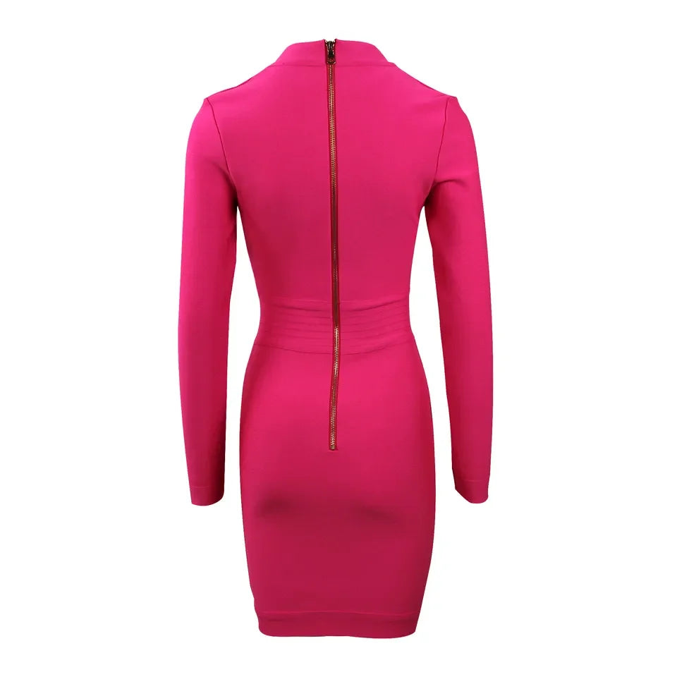 Pink Deep V Long Sleeve Bodycon Dress