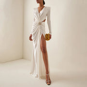Luxury White V-Neck Long Sleeve High-Slit Evening Dress