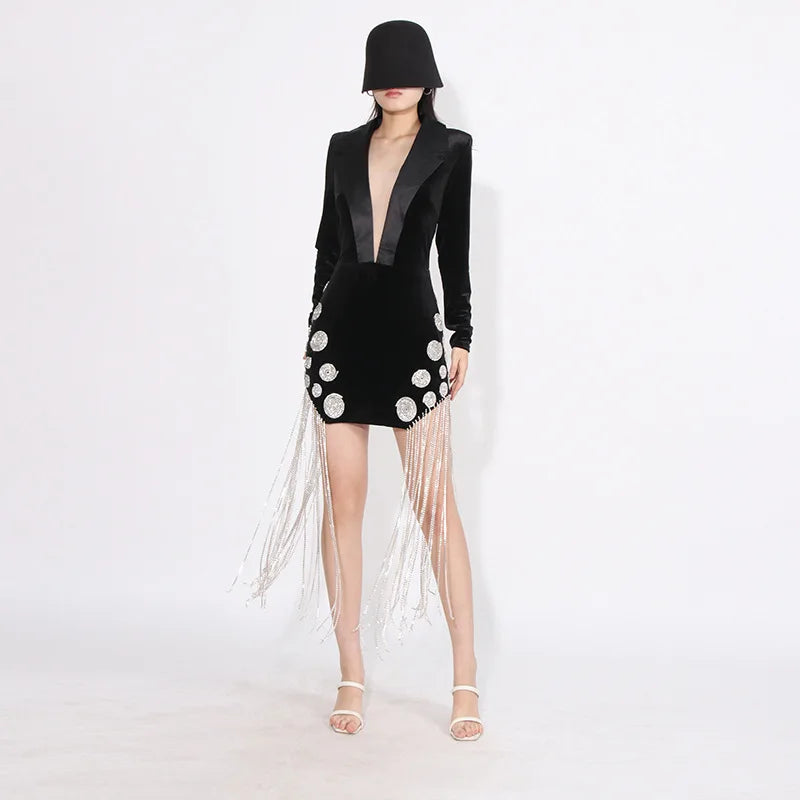 Luxury Black Velvet Crystal Tassel Mini Dress