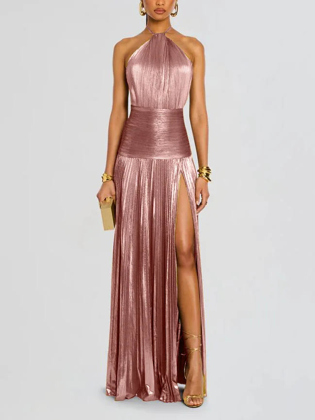 Celeste Metallic Halter Maxi Dress
